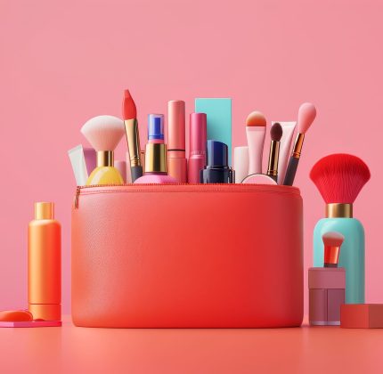 Makeup Bag and Cosmetics Products Showcasing a stylish makeup bag